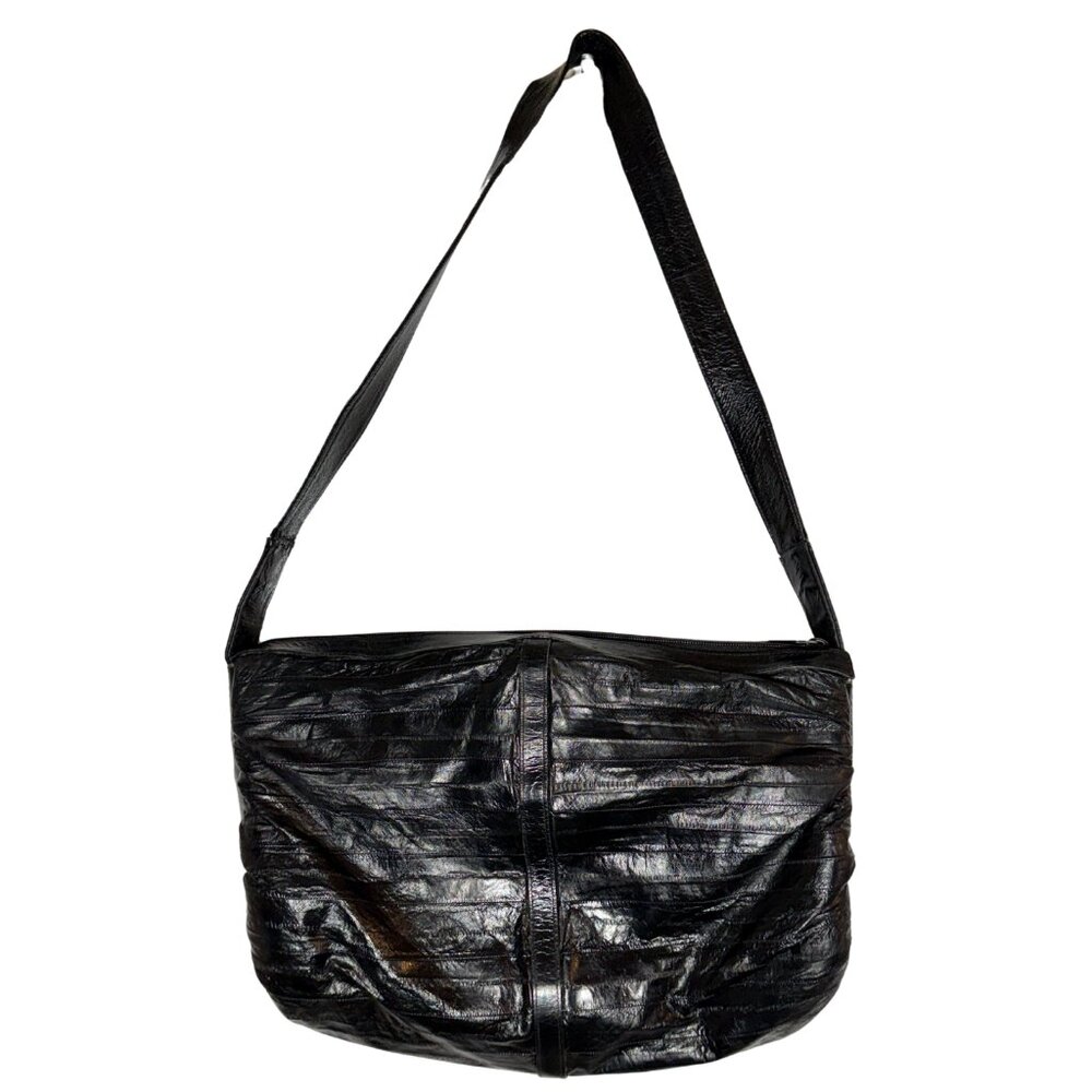 Vintage 1980s Leather of the Sea Black Eel Skin Crossbody Bag - Textured